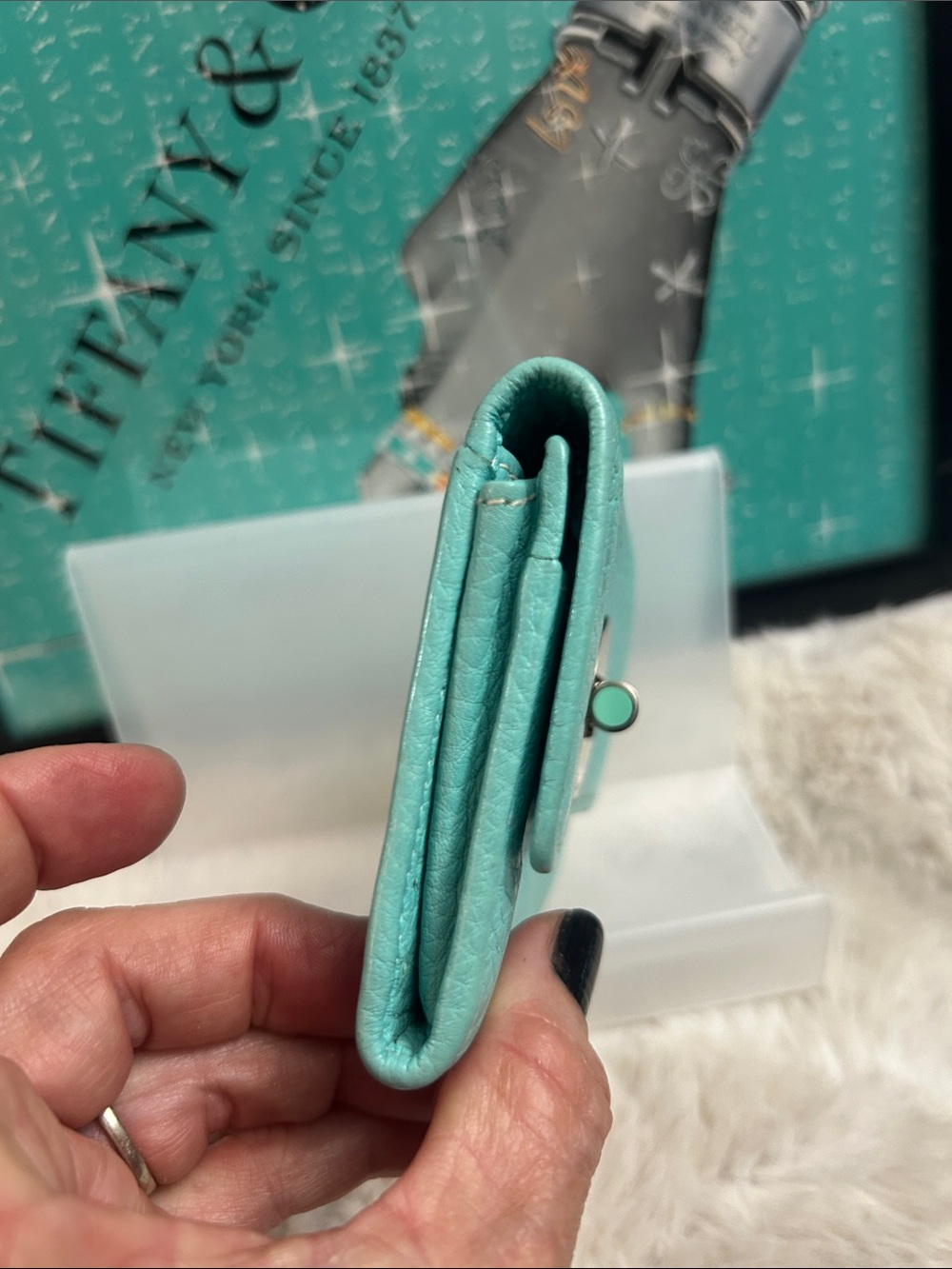 TIffany & Co. blue leather turnlock bifold card holder wallet Retails $400-600. - Picture 6 of 16